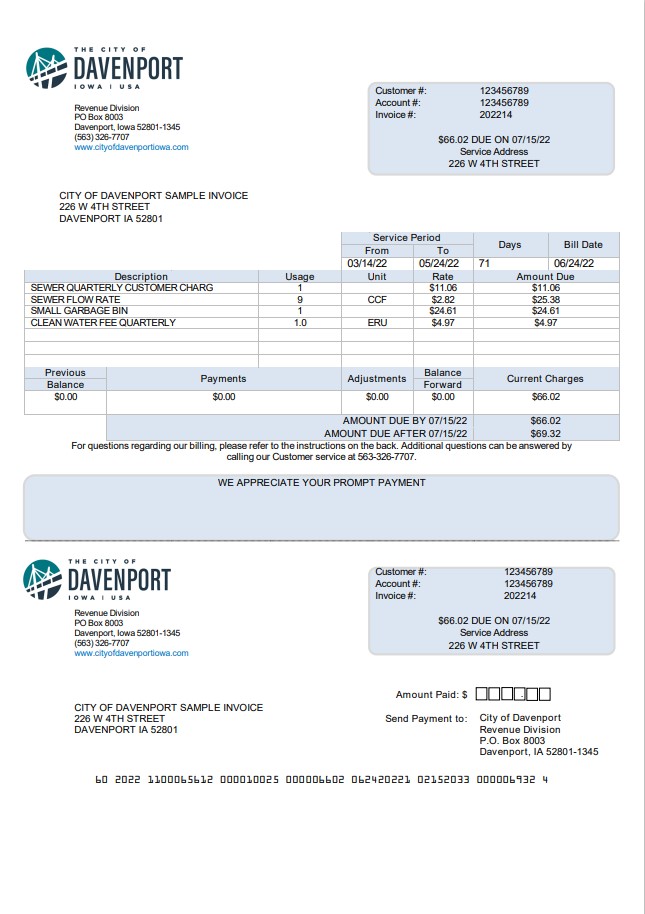 USA Iowa City of Davenport utility bill template in Word and PDF format